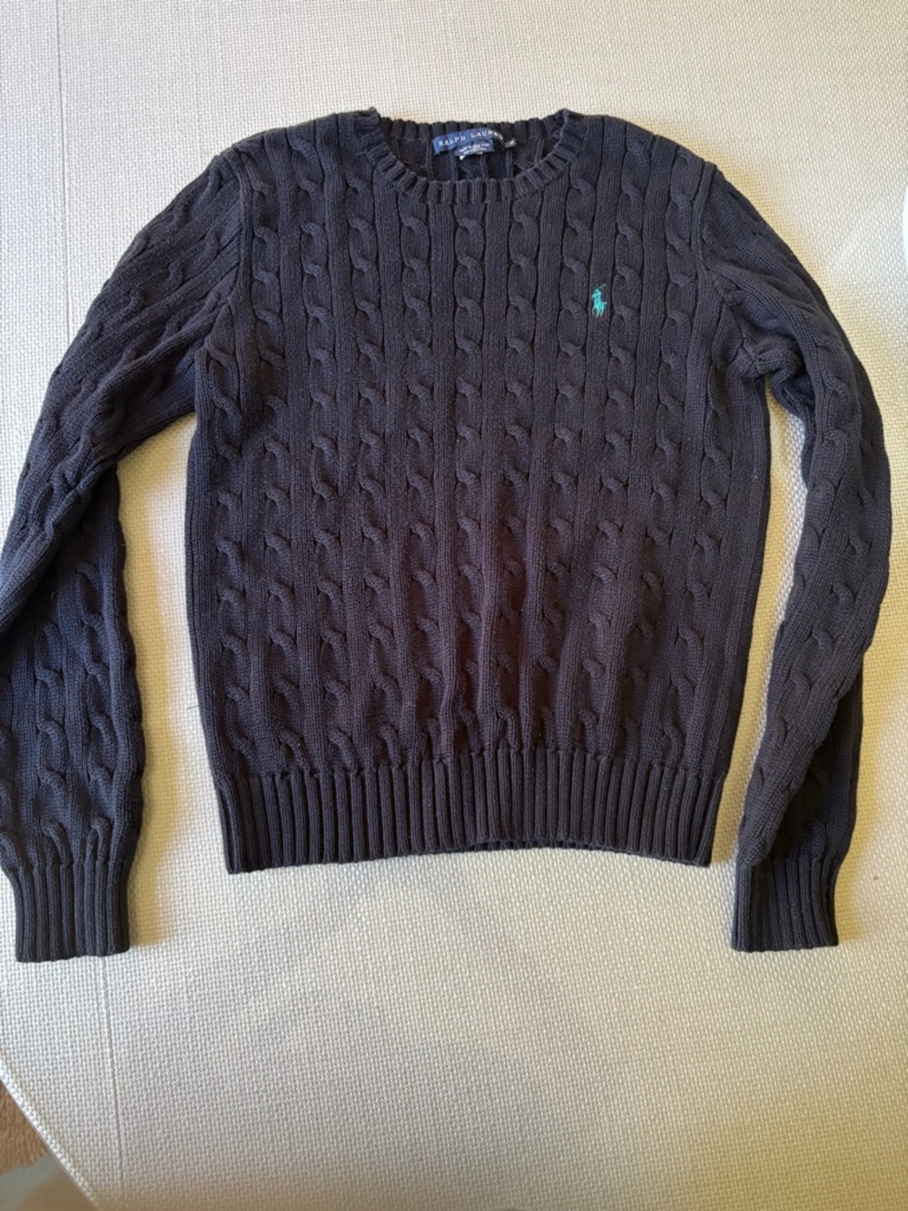 Ralph Lauren NavyCable Knit Sweater with Green Pony. Med